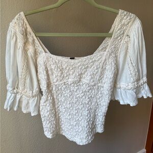 Free People White Crochet Square-Neck Puff Sleeve Top